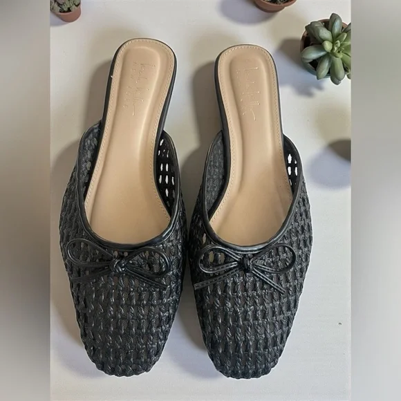 Nicole Miller Woven Mules Black Slip-On Flats Size 10 – Basket Weave Bow Slide - Picture 3 of 5